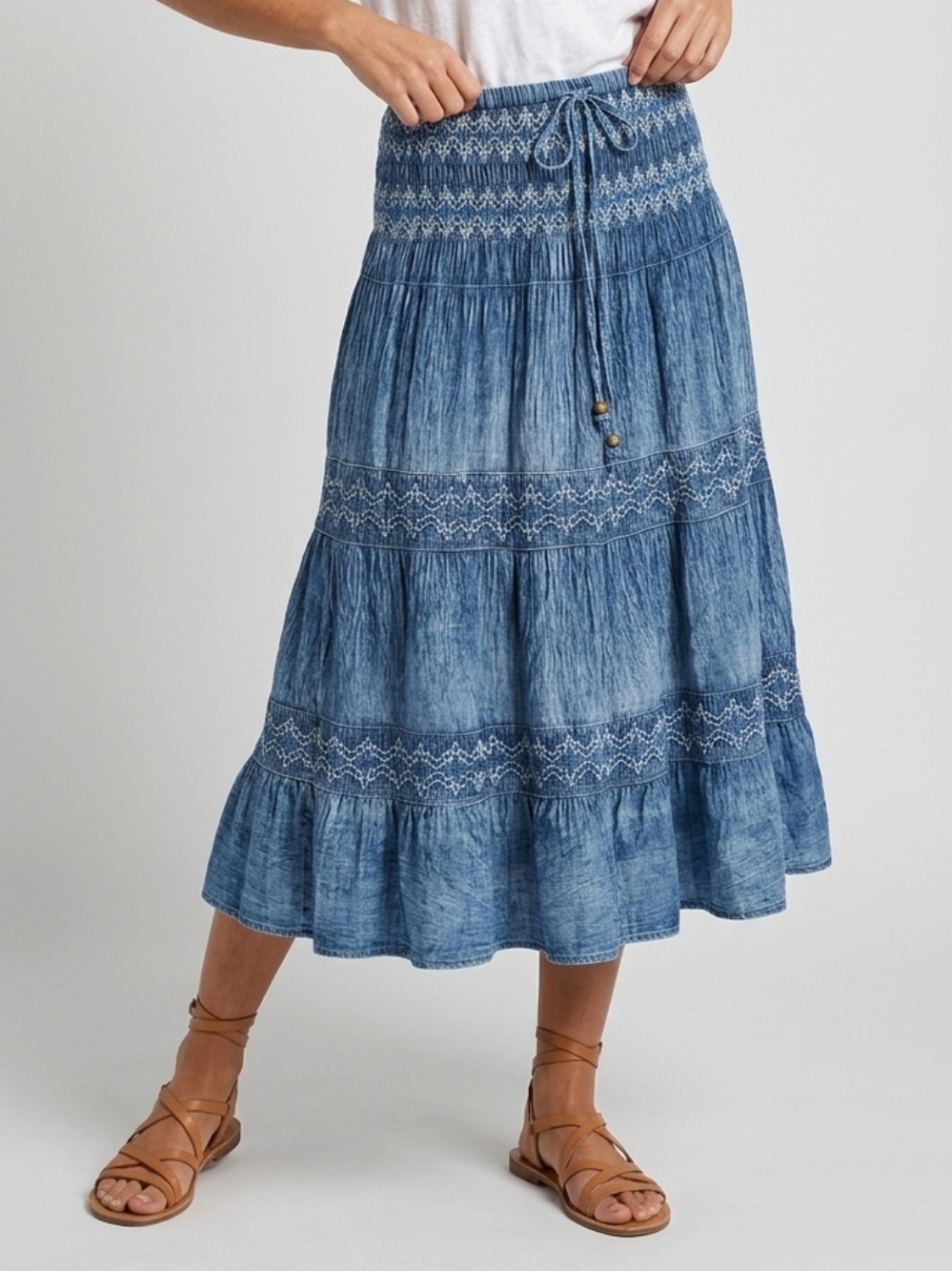 Lapis Blue Tiered Embroidered Skirt